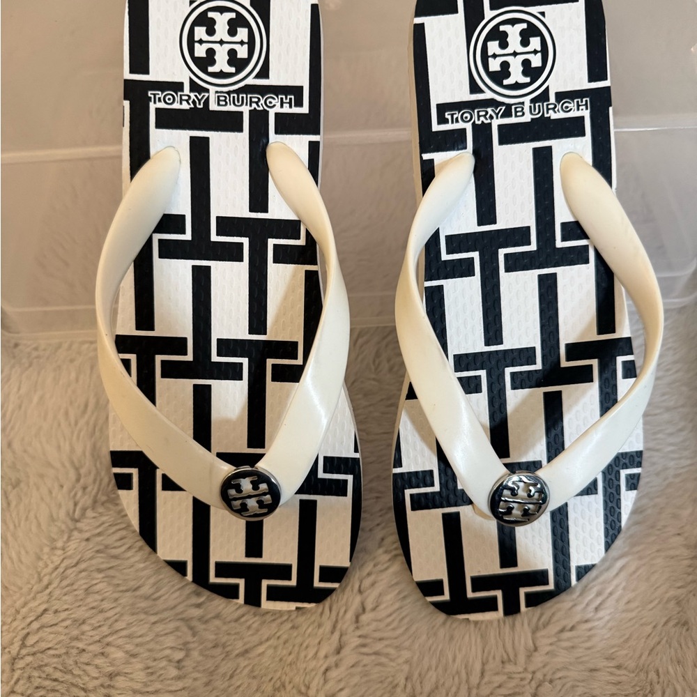 Tory Burch Black and White Logo Pattern Flip Flop Sandals